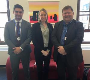 UK Deaf Sport Trustee Piers Martin, Minister for Sport Tracey Crouch MP, Craig Crowley MBE.